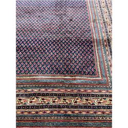 Persian Arrak navy ground carpet, the field decorated profusely with small Boteh motifs, multiple border bands with repeating geometric designs  