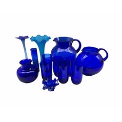 Bristol Blue glass to include two globular form jugs, set of six tumblers, two vases and a posy vase, together with a blue frosted glass trumpet form vase 