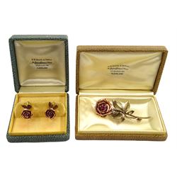 14ct gold yellow and rose gold rose brooch set with a ruby and pair of matching screw back earrings stamped, both stamped 14K, retailed H W Beattie & Sons, Cleveland in original boxes