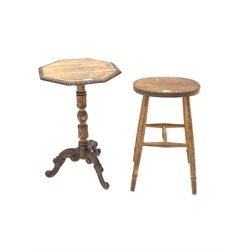 Late Victorian oak tripod occasional table, with leaf moulded octagonal top, raised on three splayed supports (W43cm) and an early 20th century elm topped stool, (W37cm)