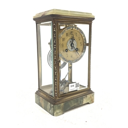 Late 19th century onyx, brass and cloisonné four glass mantle clock, stepped moulded top over bevel glazed body with cloisonné detail, gilt dial with Roman numeral chapter ring, eight day movement with mercury pendulum, striking the hours hammer on coil 