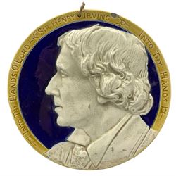 Leeds Pottery portrait plaque of Sir Henry Irving, modelled by C. Holding, with inscription 'Into Thy Hands O Lord' and with hand written inscriptions verso, D28.5cm 