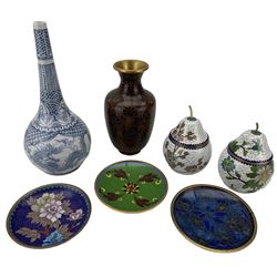 Two pear form Cloisonne jars and covers, three Cloisonne circular dishes and vase, together with a blue and white bottle form vase, H23
