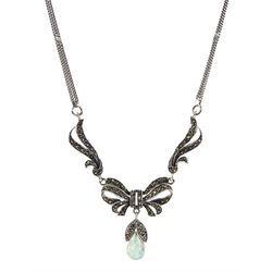 Silver marcasite and opal bow pendant necklace, stamped 925 
