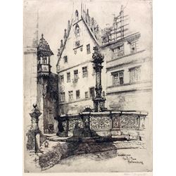 Adeline S Illingworth (British 1858 - 1930): 'Fountain Near the Market Place Rothenburg' etching signed in pencil 30cm x 23cm