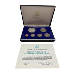 Three British Virgin Islands proof six coin sets, dated 1974, 1975 and 1978, from one cent to one dollar, all produced by The Franklin Mint, all cased with certificates (3)