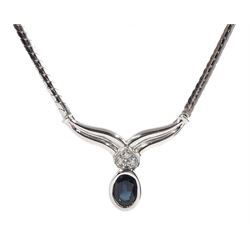 9ct white gold oval sapphire and diamond necklace, hallmarked