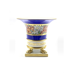 Herend cache pot painted with a continuous band of flowers on a blue and gilt ground and on gilt paw feet and a square base marked 6401 GDF 19cm x 20cm