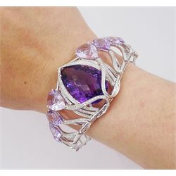 18ct white gold amethyst and diamond suite, comprising necklace, pair of pendant stud earrings and bracelet and ring, each with pear cut amethysts and round brilliant cut diamonds, stamped 750 