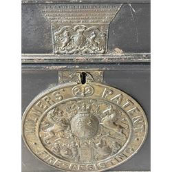 Victorian cast iron strong box 'Milner's Patent Double Fire Resisting Chambers', with keys, L50cm. H34cm, D36cm 