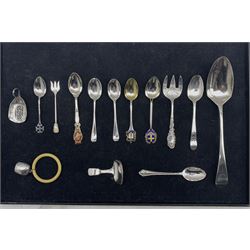 George III silver fiddle pattern caddy spoon Birmingham 1817 maker Joseph Willmore, George III silver table spoon, various silver tea spoons, baby's teething ring with a silver bell and a pair of silver cufflinks approx 6oz