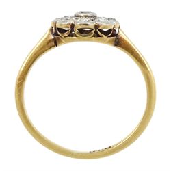 Gold milgrain set old cut diamond flower head cluster ring, stamped 18ct
