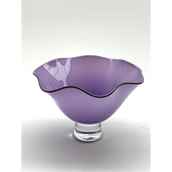  Gillies Jones Rosedale purple glass bowl with crimped black rim on a short pedestal foot, D15.5cm x H10cm  