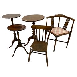Edwardian mahogany corner chair with column and slatted back supports; 19th century mahogany oval tilt-top table on vasiform support with splayed legs; mahogany dishtop table; mahogany circular wine table with Georgian turned support; 19th century oak child's chair (5)