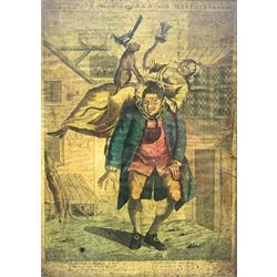 English School (18th century): 'A Poor Man Loaded with Mischief or Matrimony', hand-coloured satirical engraving 'drawn by Experience' 'engrav'd by Sorrow' 36cm x 25cm