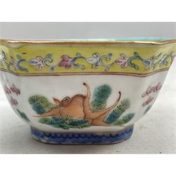 Chinese Famille Rose porcelain bowl of octagonal form, the exterior painted with fish and turquoise enamelled interior, L10.5cm, together with a Chinese Republic porcelain brush pot depicting a noble scholar seated on a Ming folding chair, both bearing iron red seal marks, H11cm 