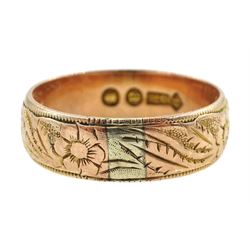 Victorian 9ct rose gold wedding band, with engraved flower decoration, London 1896, boxed