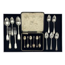 Set of six George IV silver tea spoons London 1820 Maker Henry Day, set of six silver coffee spoons Sheffield 1922, cased, pair of George III silver fiddle pattern dessert forks and a pair of Victorian dessert spoons