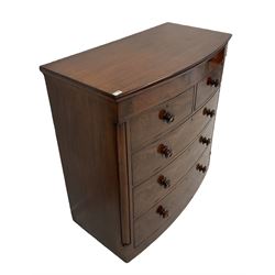 Victorian style mahogany bow front chest of drawers, fitted with two short and three long drawers