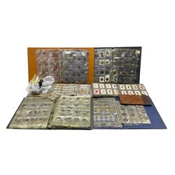 Coins and cigarette cards, including commemorative crowns, King George VI 1942 halfcrown, Queen Elizabeth II 1953 nine coin set in blister pack, other pre-decimal coinage, pre-Euro coinage etc, housed in albums and loose