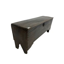 18th century and later oak coffer, the lifting top reviling a plain interior with a division, raised on panel end supports (W121cm, H53cm, D35cm 