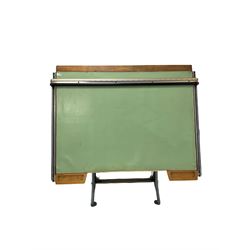 Simplon - Mid century vintage industrial draughtsman board, the pine and plywood rise and fall top with a weighted sliding rule being angle adjustable, raised on a heavy duty cast metal base bearing manufacturers mark 