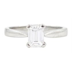 Platinum single stone emerald cut diamond ring, hallmarked, diamond 0.79 carat, colour D, clarity VS1, with GIA report