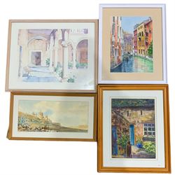 Continental School (20th century): 'Mdina - the Old City', watercolour signed and dated 1960 together with a watercolour of a Venetian Canal, a pastel of a cottage and a print max 37cm x 47cm (4)