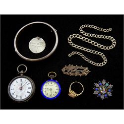 9ct gold cameo ring hallmarked, silver and blue enamel keyless fob watch by Balmoral, London import marks 1910, silver micro mosaic brooch stamped 800, Victorian silver flower and bird brooch, Birmingham 1896, silver bangle, watch and chain