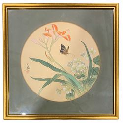 Chinese School (20th century): Chinese Peonies and Birds, watercolour on silk signed with artists signature together with another similar max 115cm x 55cm (2)