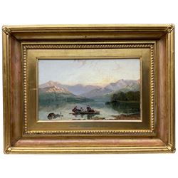 John Adam Houston (Scottish 1812-1884): Anglers in a Scottish Loch with Mountains, oil on canvas signed, inscribed on mount 20cm x 33cm