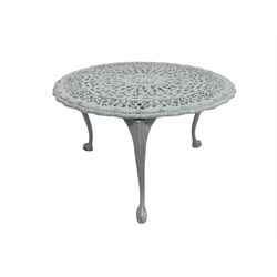 Cast aluminium white painted circular garden table with pierced foliate and scroll decoration; set four four matching chairs, the backs and seats pierced and patterned, on cabriole supports; and coffee table raised on cabriole supports with acanthus detail