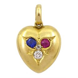 Victorian 18ct gold old cut diamond, sapphire and ruby heart pendant