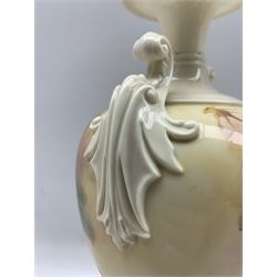 Early 20th century Royal Worcester vase by Sedgley, of ovoid form with twin acanthus and scroll mounted handles, the body hand painted with roses, signed Sedgley, upon pedestal base, faded blue printed marks beneath, H31cm