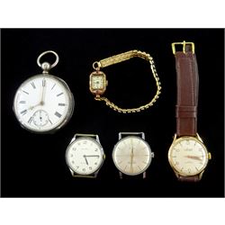 Victorian silver open face key wound 'Foggs patent' lever pocket watch, Chester 1876, Rolland gold ladies manual wind wristwatch and three other wristwatches including Accurist, Rixa and Ingersoll