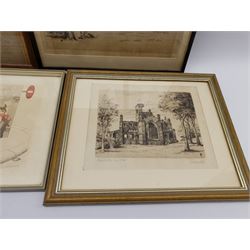 James Chalmers Park (British 1858-?): 'Kirkstall Abbey from the East' and 'Temple Newsam, Leeds', two drypoint etchings signed and titled in pencil; Frank Paton (British 1855-1909): 'Not at Home', etching signed in pencil; and a humorous coloured etching of dogs indistinctly signed in pencil, max 21cm x 50cm; English School (19th/20th century): 'Wortham Manor' Devon, watercolour titled 15cm x 24cm; six mainly 19th century hand-coloured engravings including Yorkshire interest; and three early 20th century reproduction engravings, max 12cm x 16cm (14)