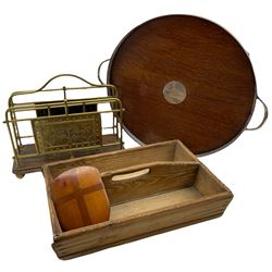 19th century pine two division cutlery tray, oak circular tray with plated gallery D46cm, brass two division magazine rack and a small wall shield