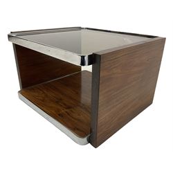 Mid century coffee table, the chrome and frosted glass top raised walnut panel end supports united by under tier 62cm x 70cm, H40cm