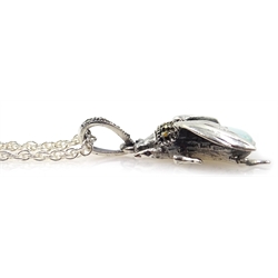 Silver opal and marcasite bug pendant necklace, stamped 925