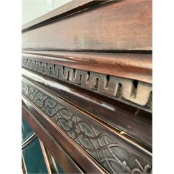 19th century mahogany bookcase on chest, the projecting dentil cornice and carved frieze over two glazed doors of astragal design, opening to reveal one fixed shelf and two short drawers, leading into four graduated drawers W110cm, H198cm D55cm 