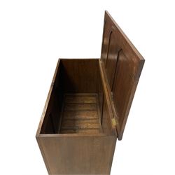 20th century oak blanket box, tripled panelled hinged lid and front, solid ends, on stile supports 