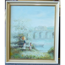  French School (20th century): Figures Beside a River, oil on canvas signed Du Bois 60cm x 50cm  