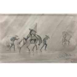 Japanese School (early 20th century): Figures Wearing Kasas in Rain, watercolour indistinctly signed 32cm x 49cm