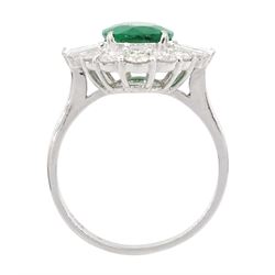 18ct white gold oval cut emerald, baguette and round brilliant cut diamond cluster ring, 750, emerald 1.89 carat, total diamond weight 0.97, with World Gemological Institute report