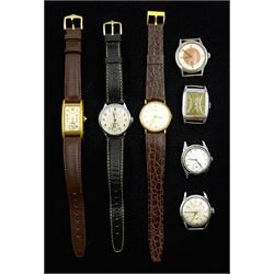 Seven stainless steel and plated wristwatches including Zenith, Eloga rectangular, Record, Everite and Meda (7)