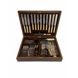 Early 20th century canteen of silver-plated cutlery for six settings, each with engraved initial K, in oak canteen retailed by John Bagshaw & Sons Liverpool