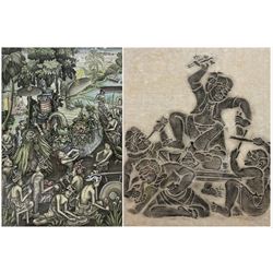 Circle of Ida Bagus Made Tibah  (Indonesian 1916-1968): Tribal Scene, watercolour and ink unsigned together with 19th century rubbing from temple base in Bangkok max 47cm x 44cm (2)