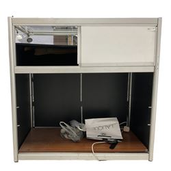 Jewellery counter display cabinet, sliding rectangular glazed top with light fittings, two sliding doors to the front and compartment below
