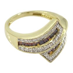 9ct gold baguette cut orange diamond and round brilliant cut white diamond crossover ring, hallmarked 