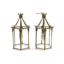 Pair of brass hall lanterns of hexagonal form, H35cm   
